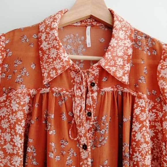 Free People Serena Orange Floral Button Up Semi Sheer Blouse Oversize XS - Picture 8 of 13